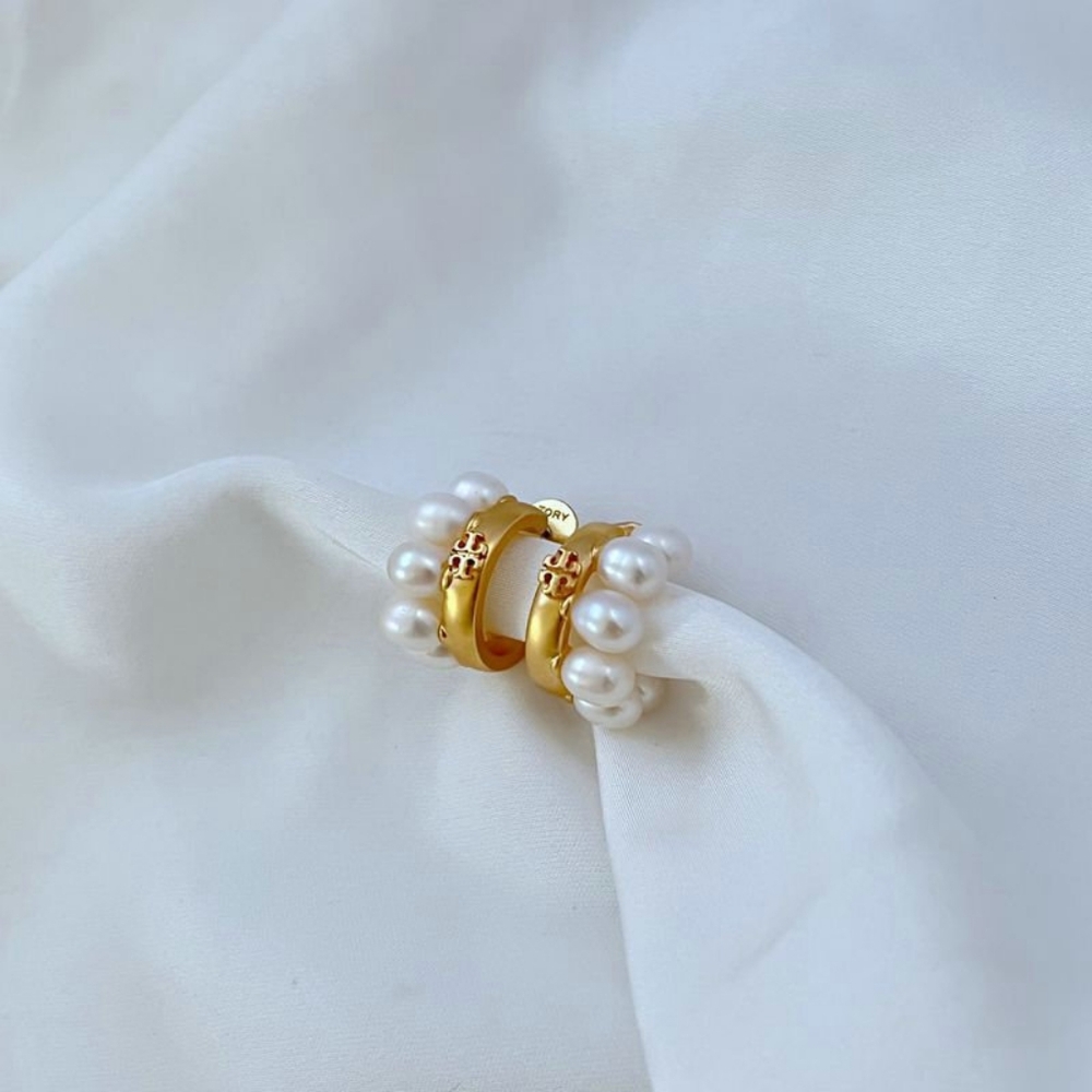 Tory Burch Gold and Pearl Hoop Earrings